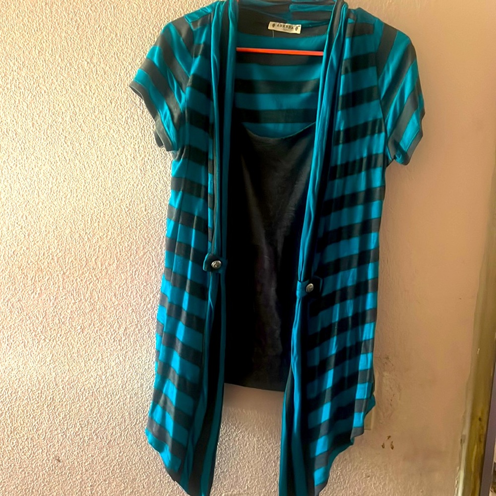 Teal and grey striped blouse with a built in grey tank top
